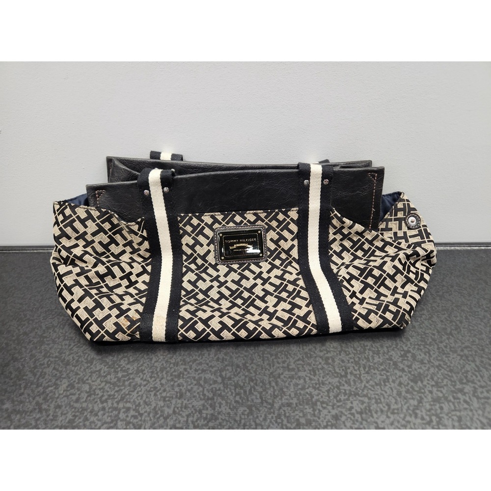 Tommy Hilfiger Tote Bag Black Beige Monogram TH Logo‎ Canvas Shoulder Bag